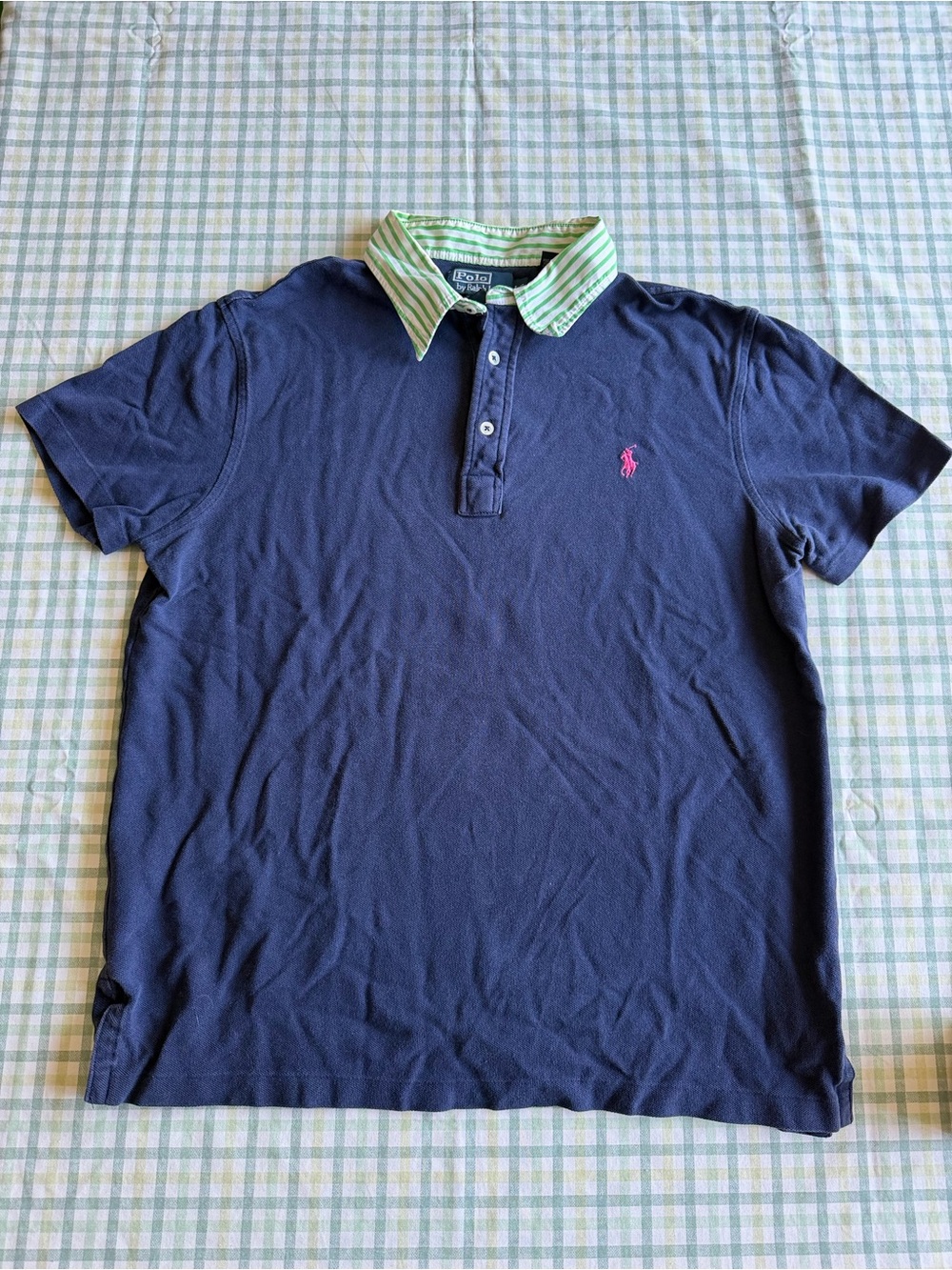 Ralph Lauren Navy Polo with Green Striped Collar and Pink Pony